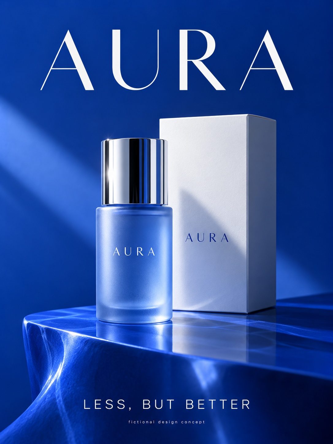 AURA fictional skincare campaign with a cobalt bottle, chrome cap and refined typography