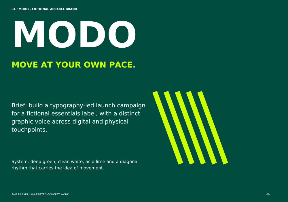 MODO identity concept with green and lime typography and a diagonal motif