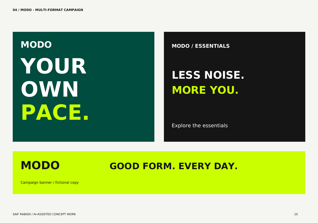 MODO apparel campaign with bold typographic compositions in green, lime and black