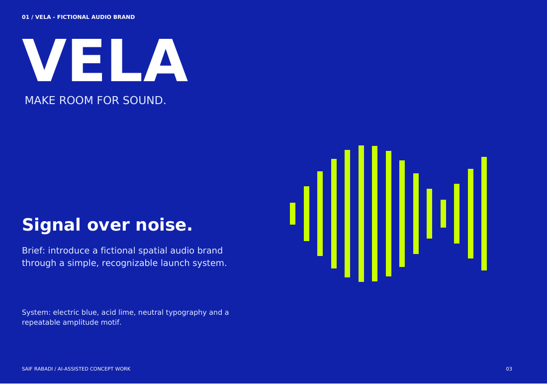 VELA audio identity in electric blue and lime with a graphic amplitude motif